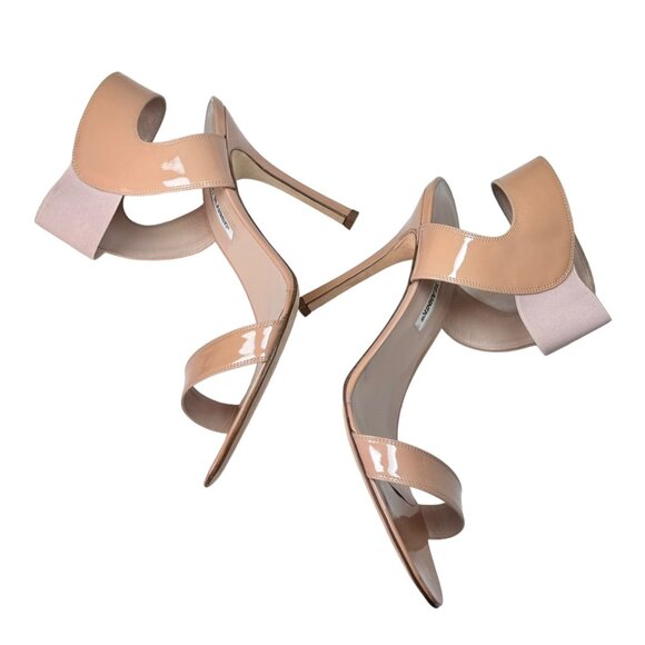 NWT Manolo Blahnik Sandals Sz 10 Nude Patent Leather Stiletto Heel Minimalist - Picture 9 of 14